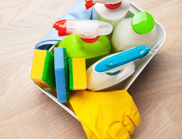 cleaning products household chemicals spray brush sponge glove